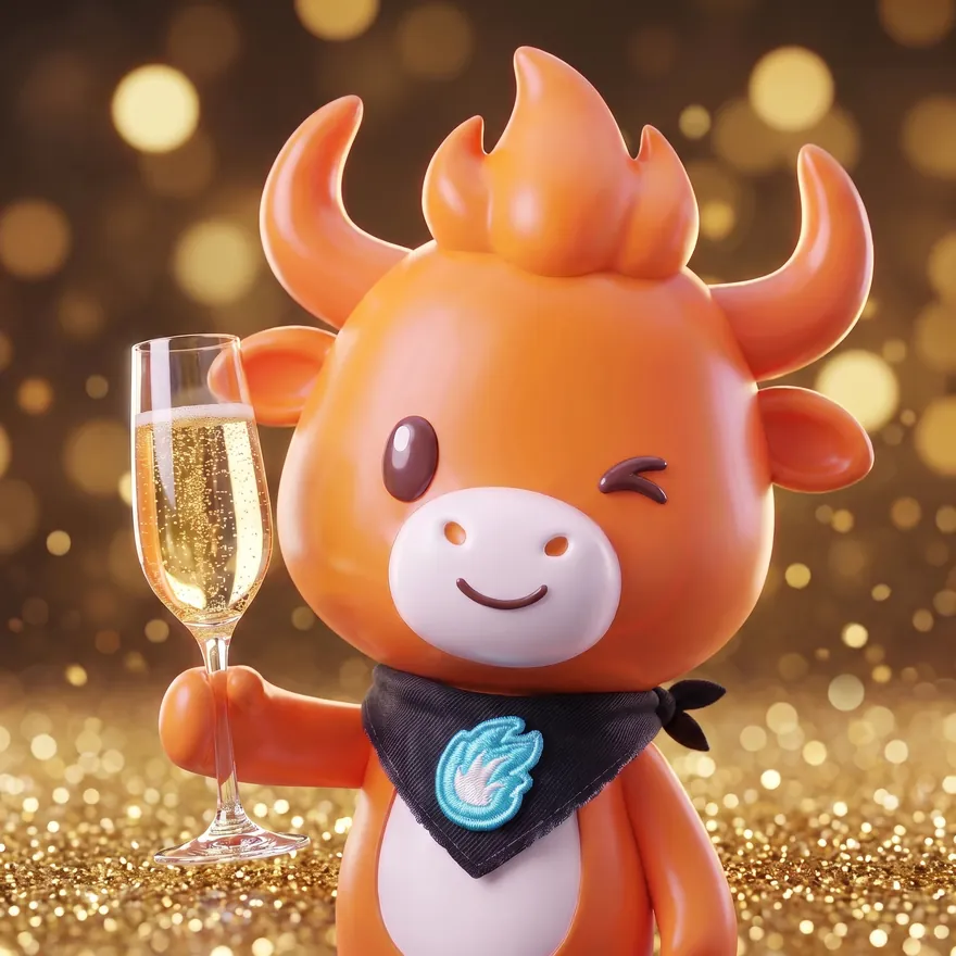 BULT winking with a glass of champagne