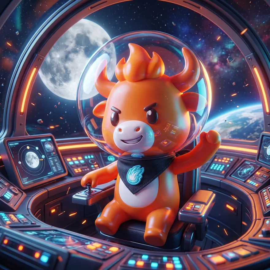 BULT in a space helmet piloting a ship past the moon