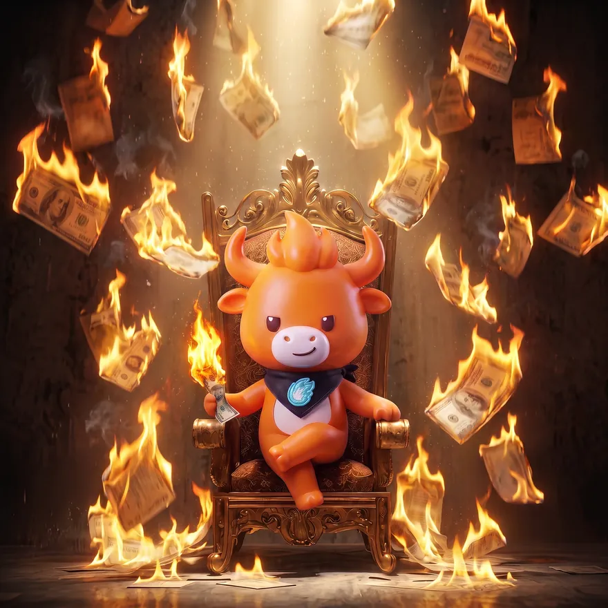 BULT on a golden throne surrounded by burning money